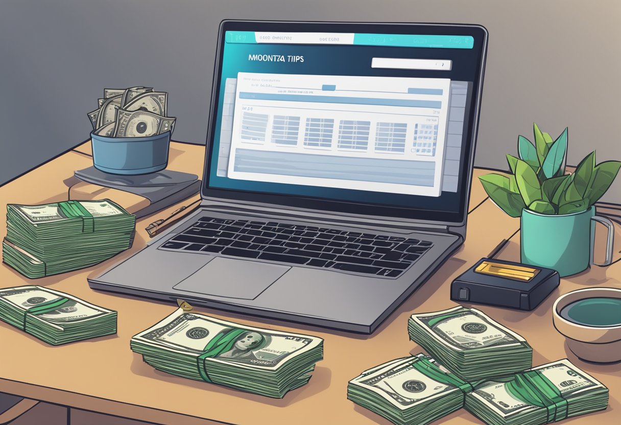 A laptop displaying a "Monetization Tips" onlyfans welcome message with a stack of dollar bills and a calculator on the desk