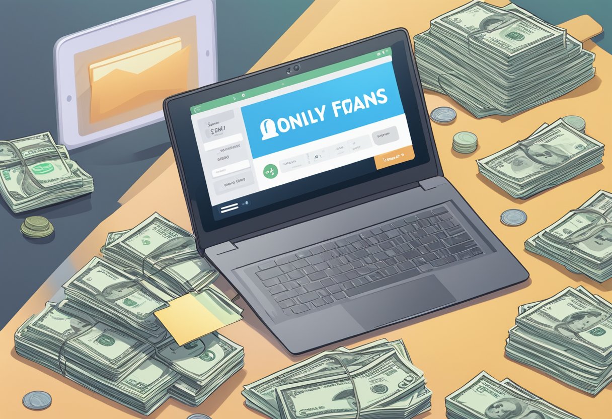 A laptop displaying a "Welcome to OnlyFans" message, surrounded by a stack of cash, a camera, and a content creation schedule