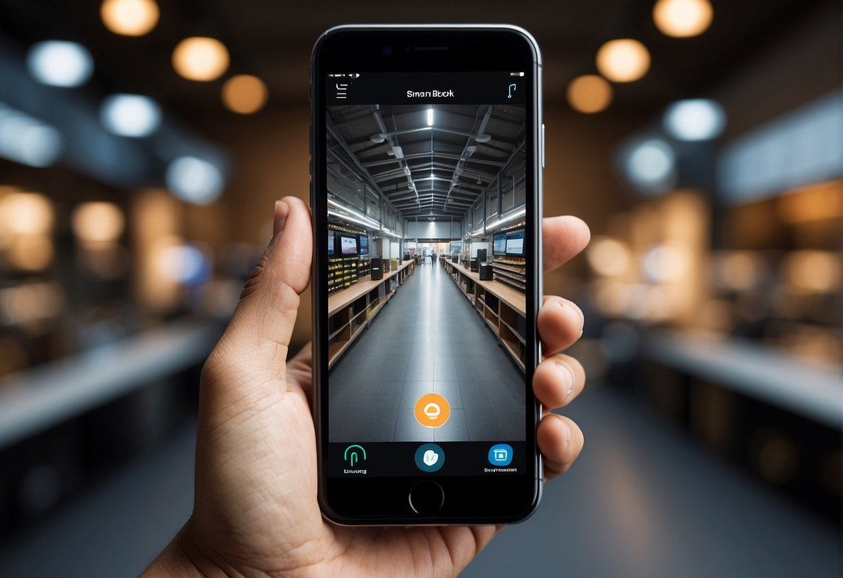 A hand holding a smartphone, while pointing it towards a wifi smart camera. The camera is placed on a shelf with clear instructions displayed on a nearby screen