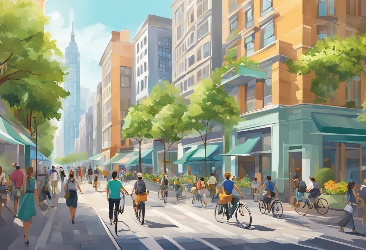 A bustling city street with modern buildings, greenery, and people walking and biking. The scene is vibrant and full of energy