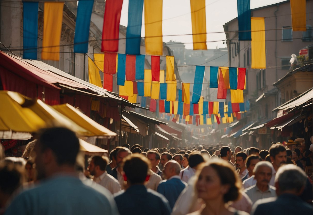 Colorful banners flutter in the breeze above a bustling street market, with vendors selling traditional crafts and delicious local foods. The sound of music and laughter fills the air as people gather to celebrate Romania's rich cultural heritage