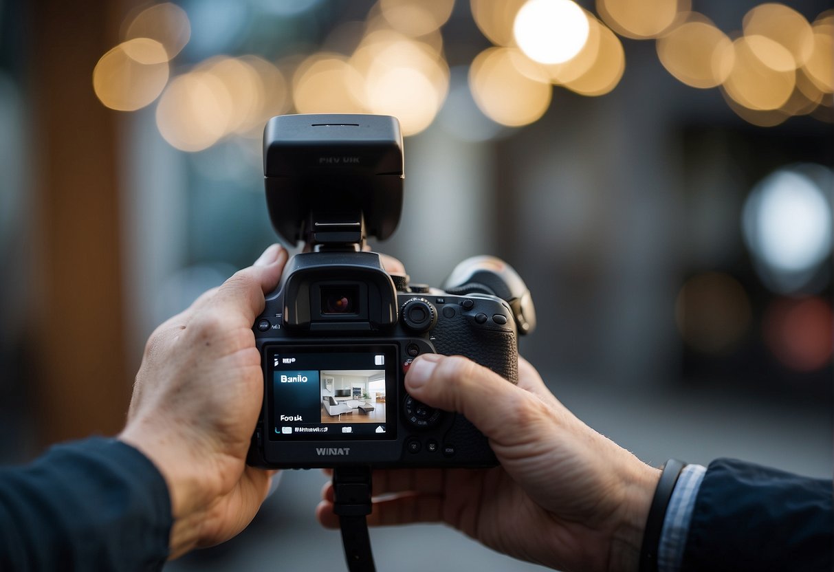 A hand holding a camera, pointing towards a wifi router with instructions on how to configure the camera