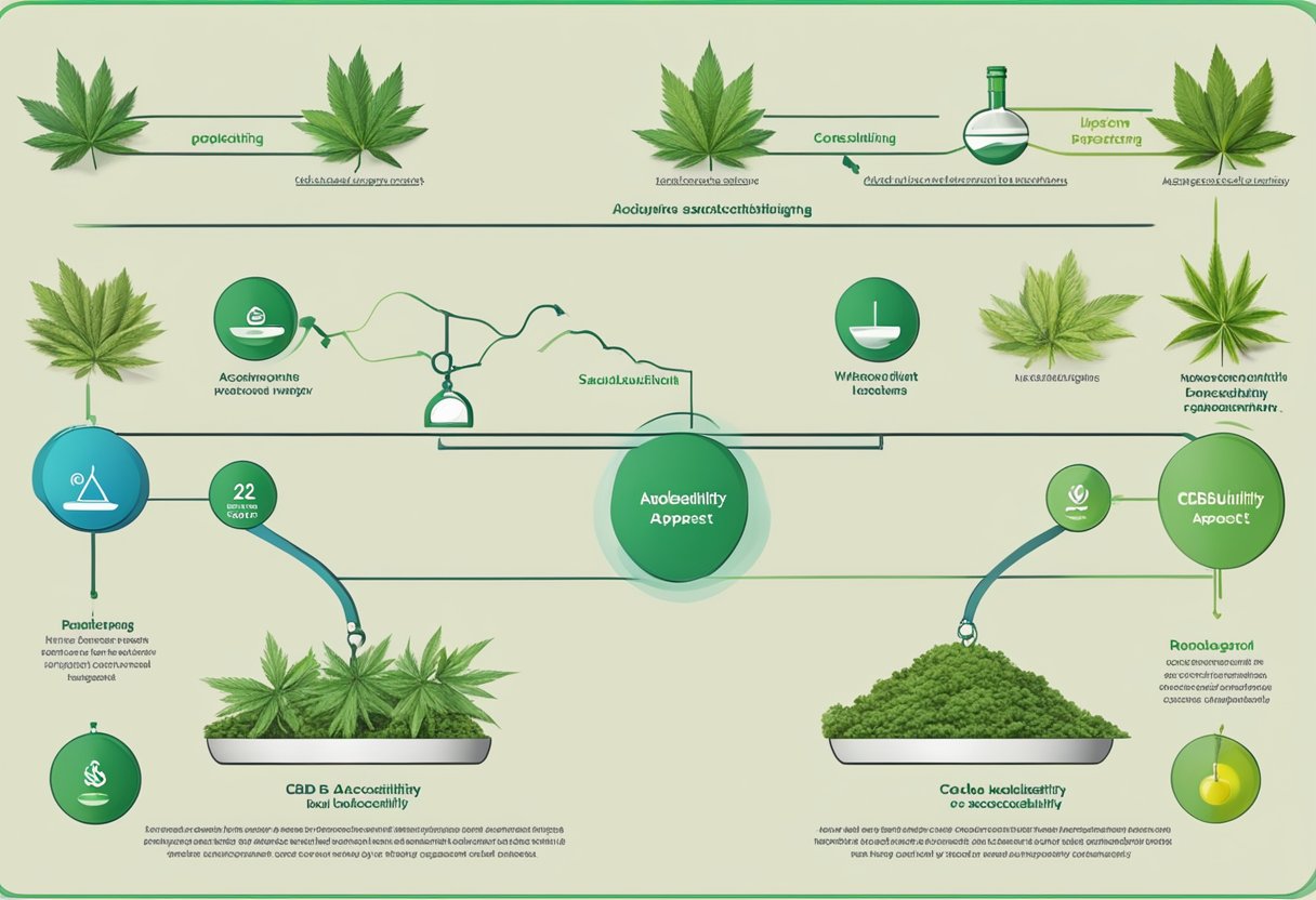 The legal aspects and availability of CBD are depicted through a scale weighing the pros and cons, with a clear path leading to accessibility