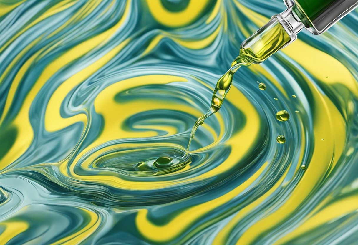 A dropper releasing CBD oil into a clear liquid, creating ripples on the surface