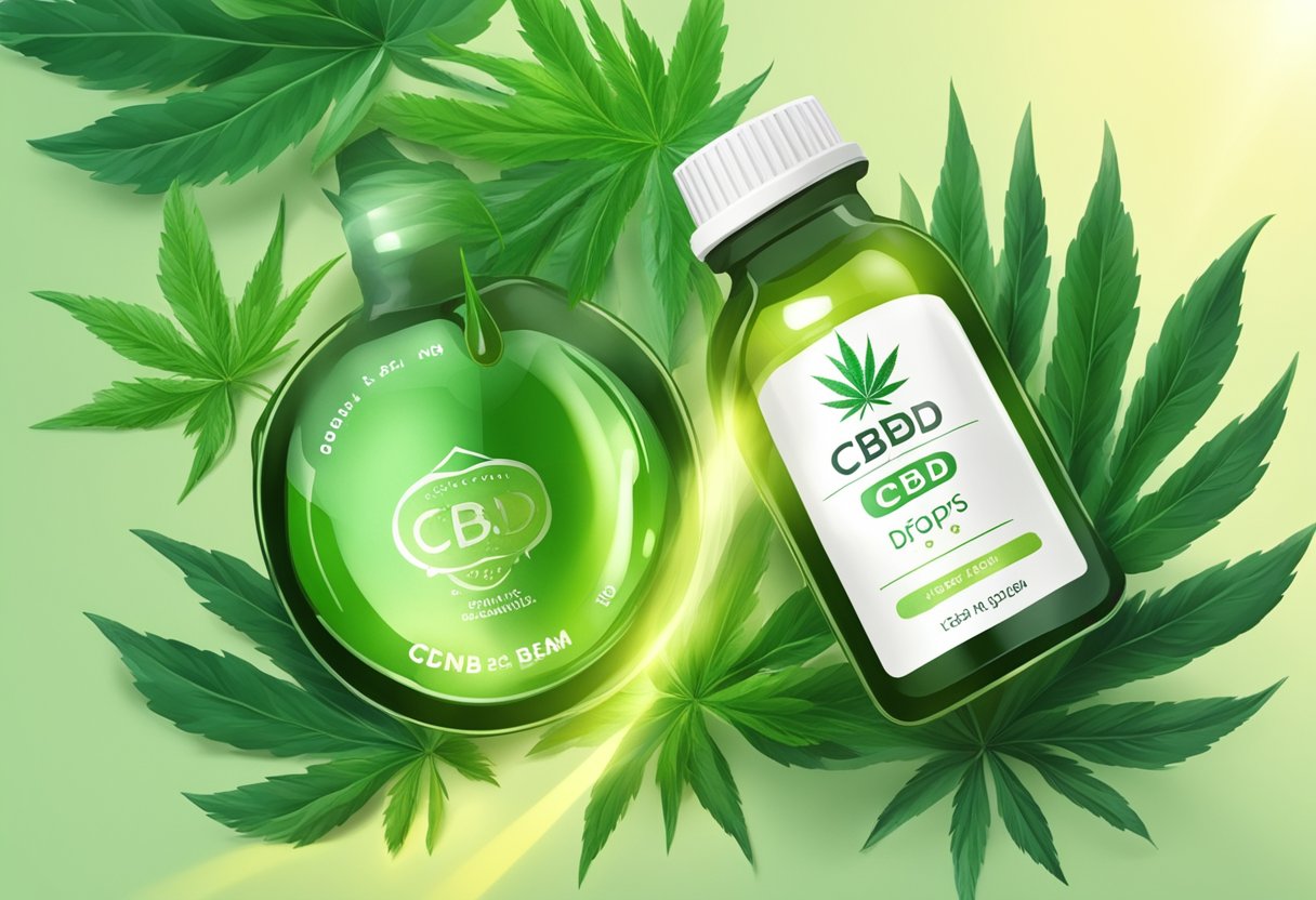 A bottle of CBD drops with a label, surrounded by green leaves and a beam of light shining down on it