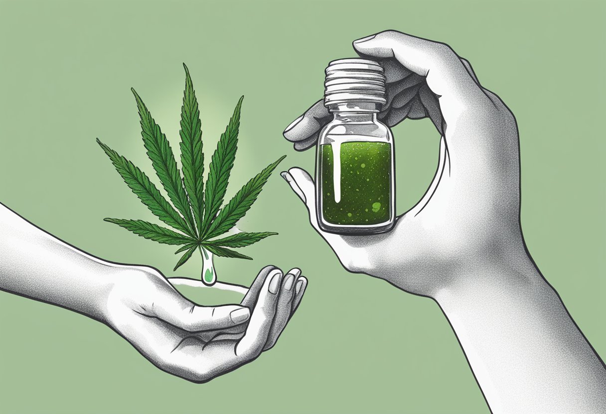 A hand holding a dropper releasing CBD drops into a small bottle