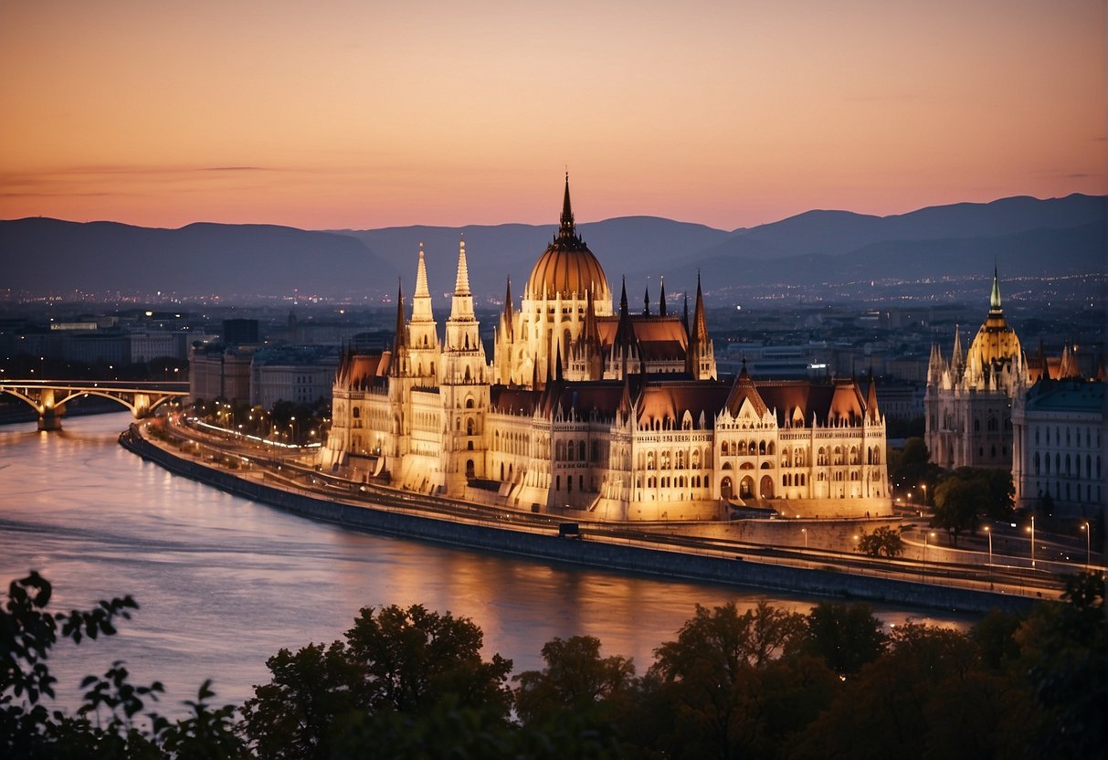 A panoramic view of Budapest's historic landmarks, including the Parliament building, Chain Bridge, and Buda Castle, with the Danube River flowing through the city