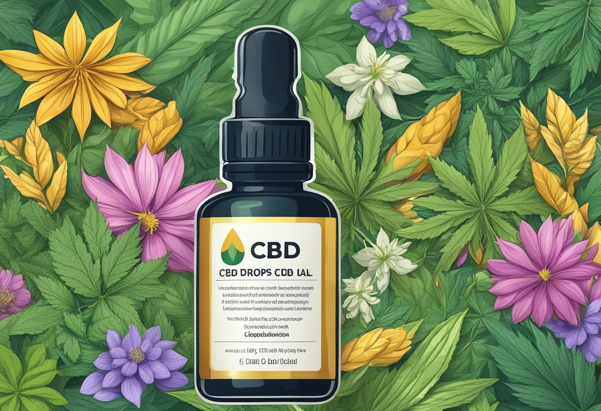 A bottle of CBD drops with a legal disclaimer and Czech language label, surrounded by various cannabis leaves and flowers