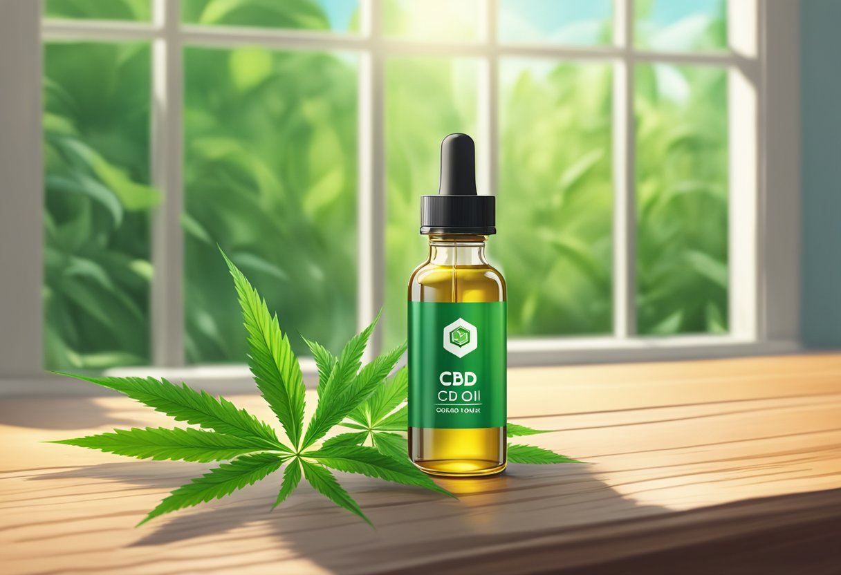 A bottle of CBD oil sits on a wooden table, surrounded by green leaves and natural light streaming in from a nearby window