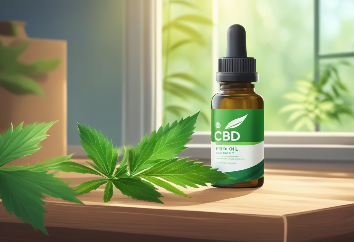 A bottle of CBD oil sits on a wooden table, surrounded by green leaves and natural light streaming in from a nearby window