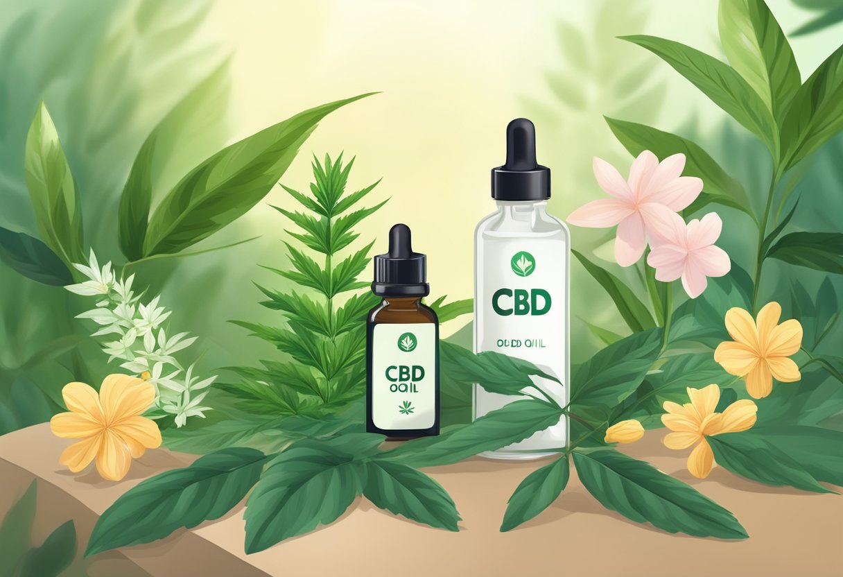 A bottle of CBD oil with a dropper next to it, surrounded by leaves and flowers. A serene and natural setting, with soft lighting and a calming atmosphere