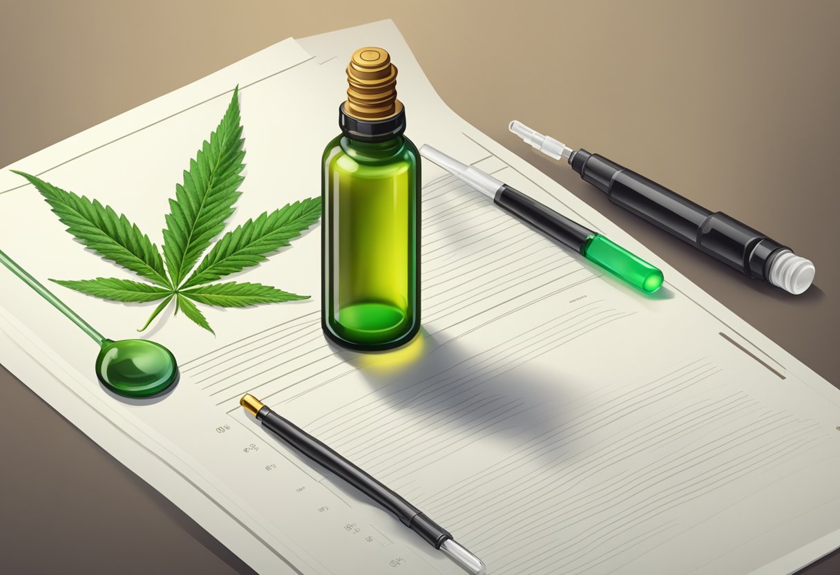A bottle of CBD oil on a legislative document, with a clear label and dropper