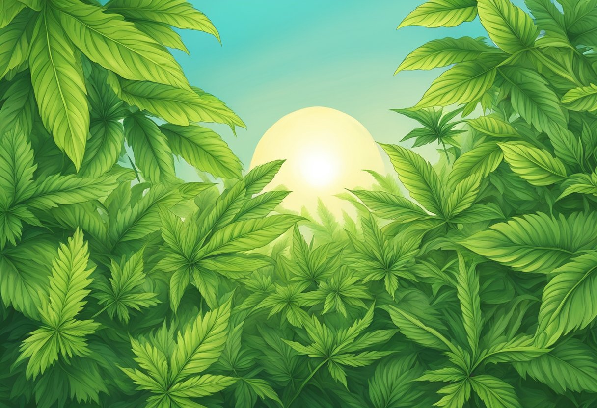 Lush green sativa plants reach towards the sun, while indica plants with broad leaves thrive in the shade below