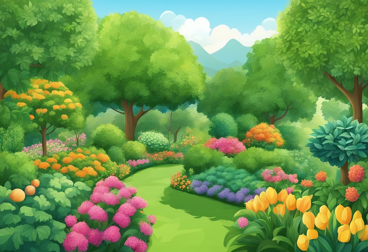 Lush green garden with various economic trees, thriving and well-cared for. Fruits, flowers, and leaves symbolize health and economic value