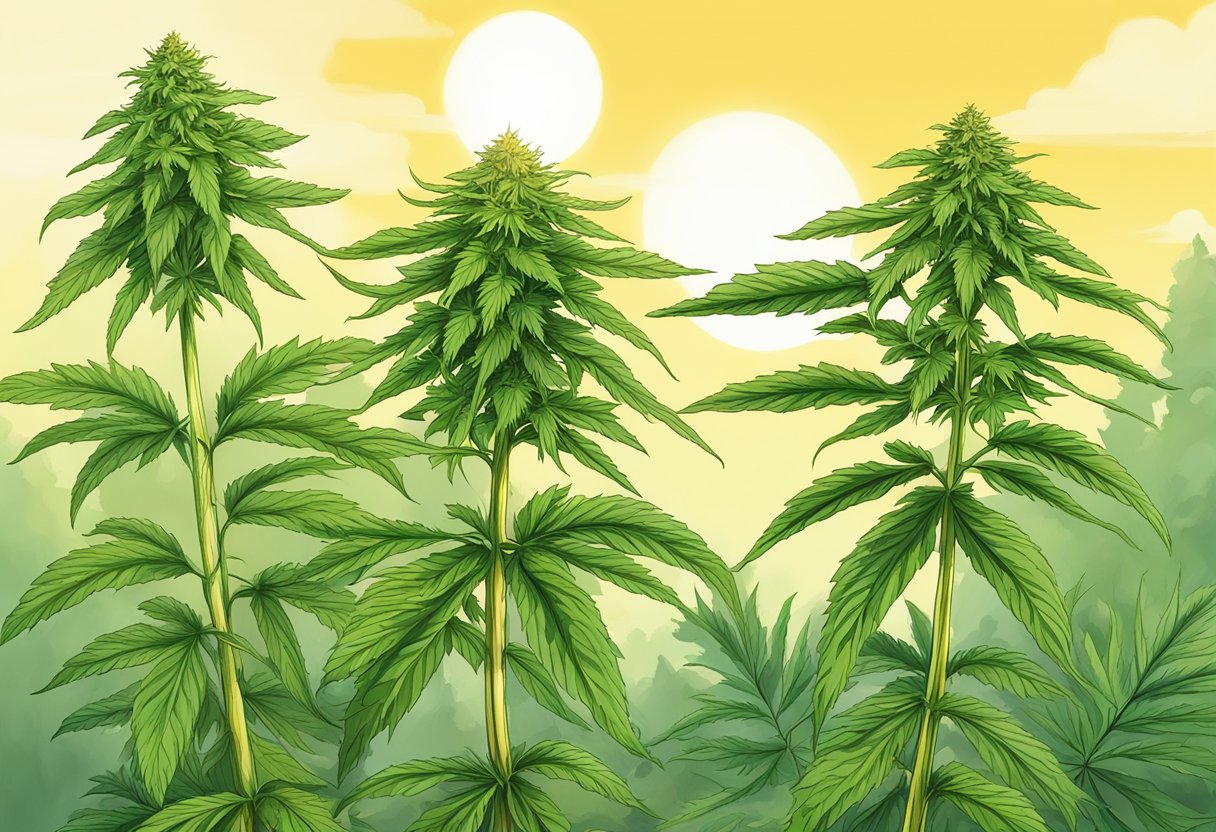 A vibrant cannabis plant with long, thin leaves stands next to a shorter, bushier plant with broader leaves. The sun shines down on the two plants, highlighting their distinct features