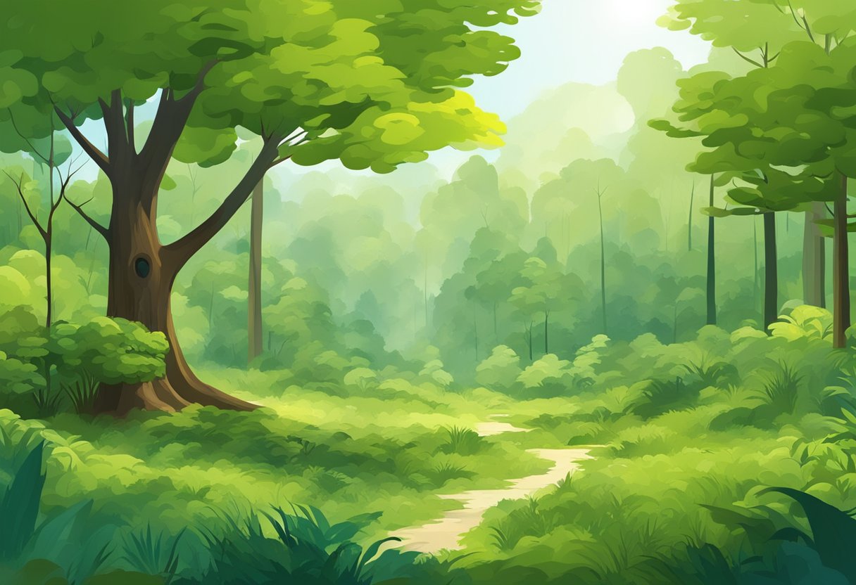 Lush green forest with diverse tree species, clean air, and wildlife. Trees provide shade, fruits, and wood for local communities. Economic value and health benefits evident