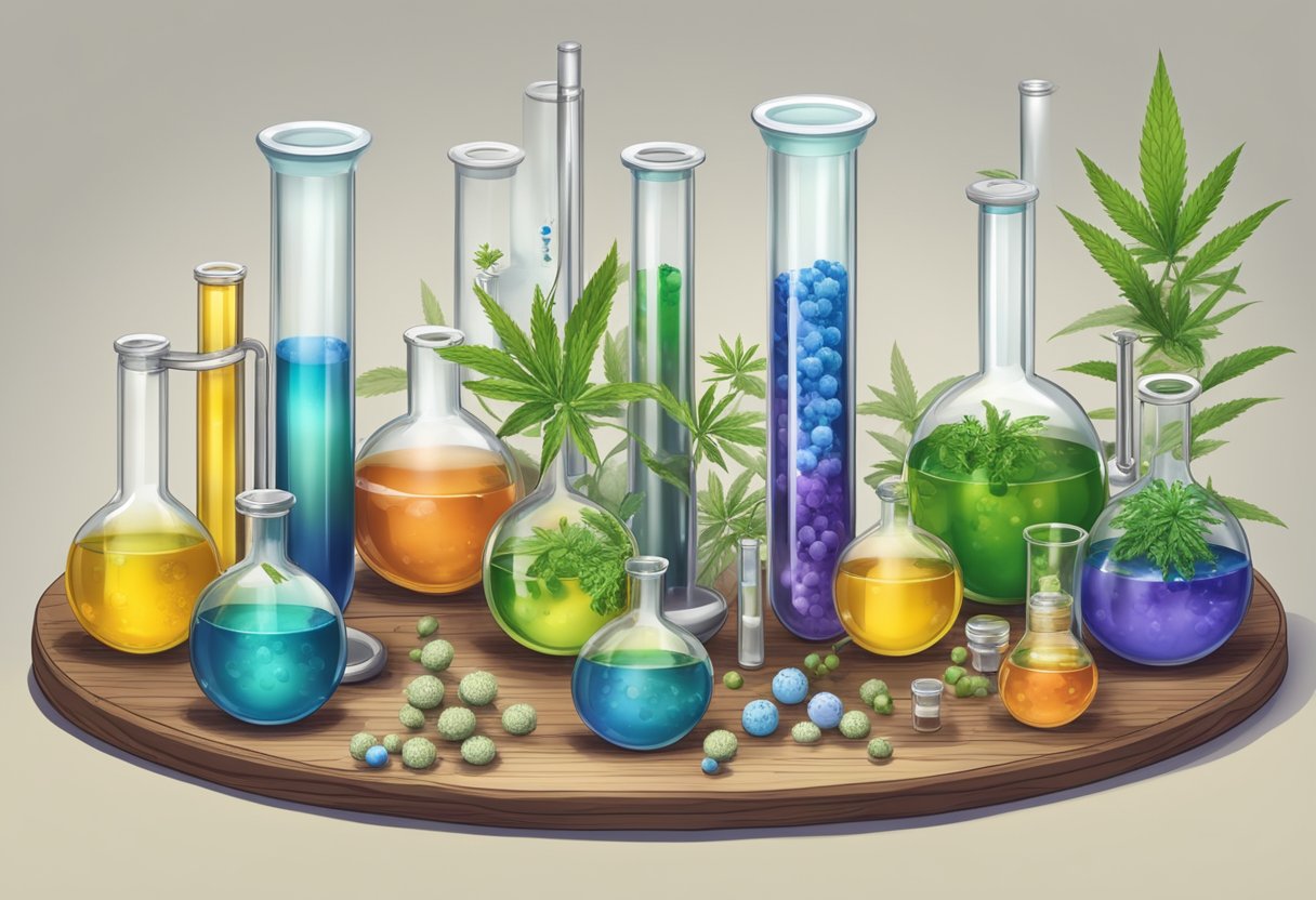 A laboratory table with test tubes and beakers filled with different chemical compounds and terpenes, labeled "sativa" and "indica"