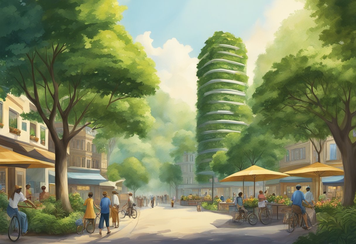 Lush green trees tower over a thriving community, providing shade and sustenance. The economic value of the trees is evident through the bustling activity and prosperity of the people
