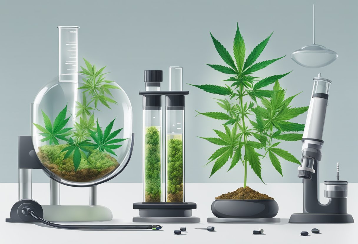 A lab setting with test tubes and scientific equipment, showcasing the comparison between sativa and indica cannabis plants for medical use