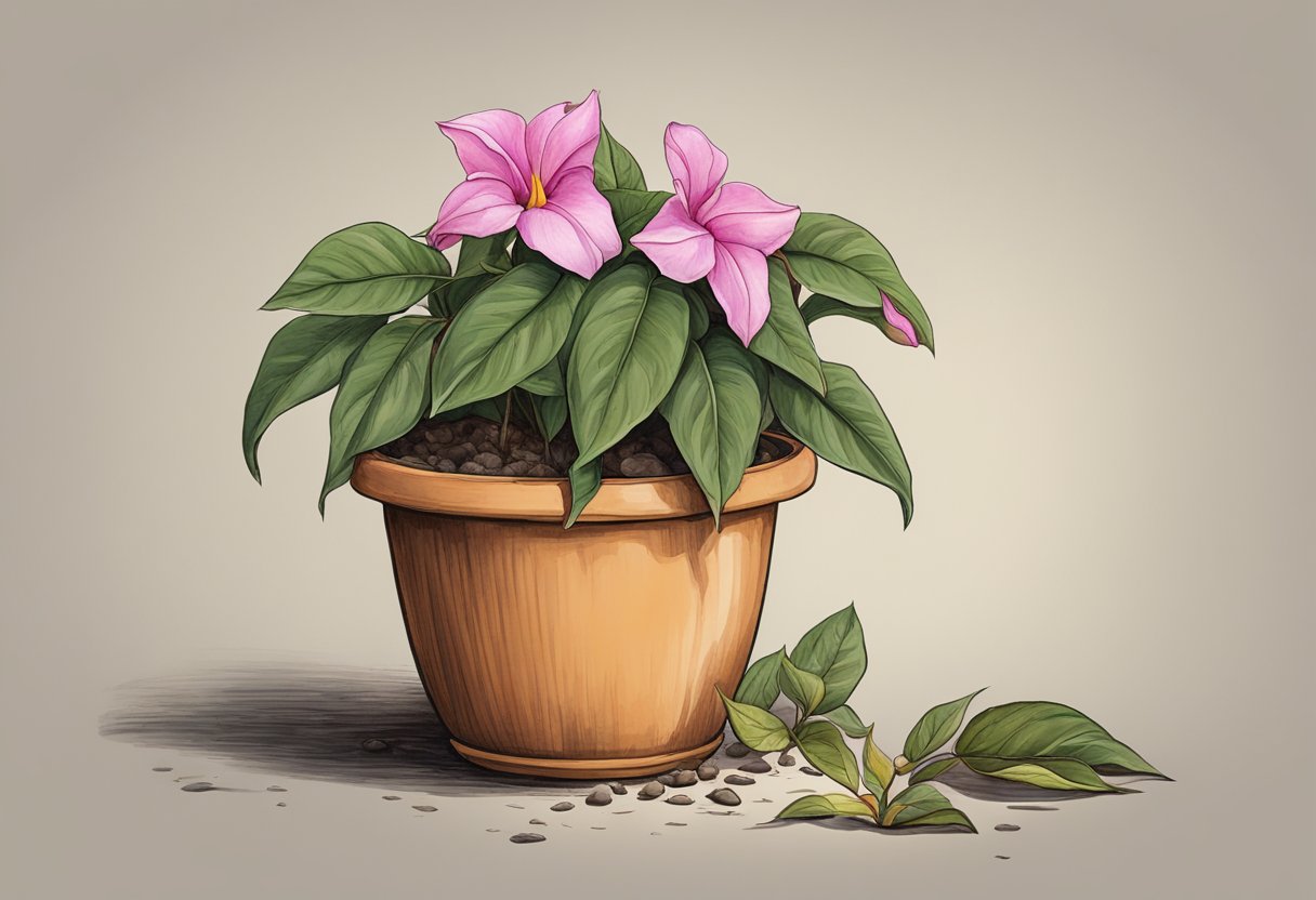 A withered mandevilla wilting in a parched pot