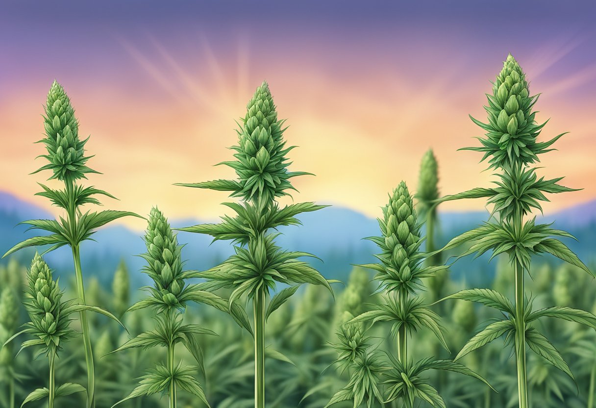 A close-up of CBD flower buds with a backdrop of a CBD shop or field