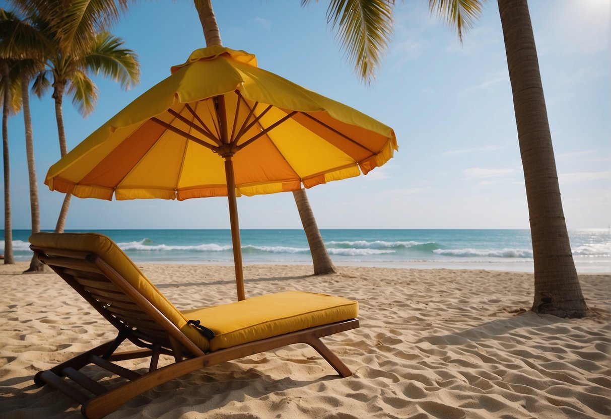 A serene beach with a colorful umbrella and lounge chair, a gentle breeze rustling the palm trees, and a calm ocean with waves lapping against the shore