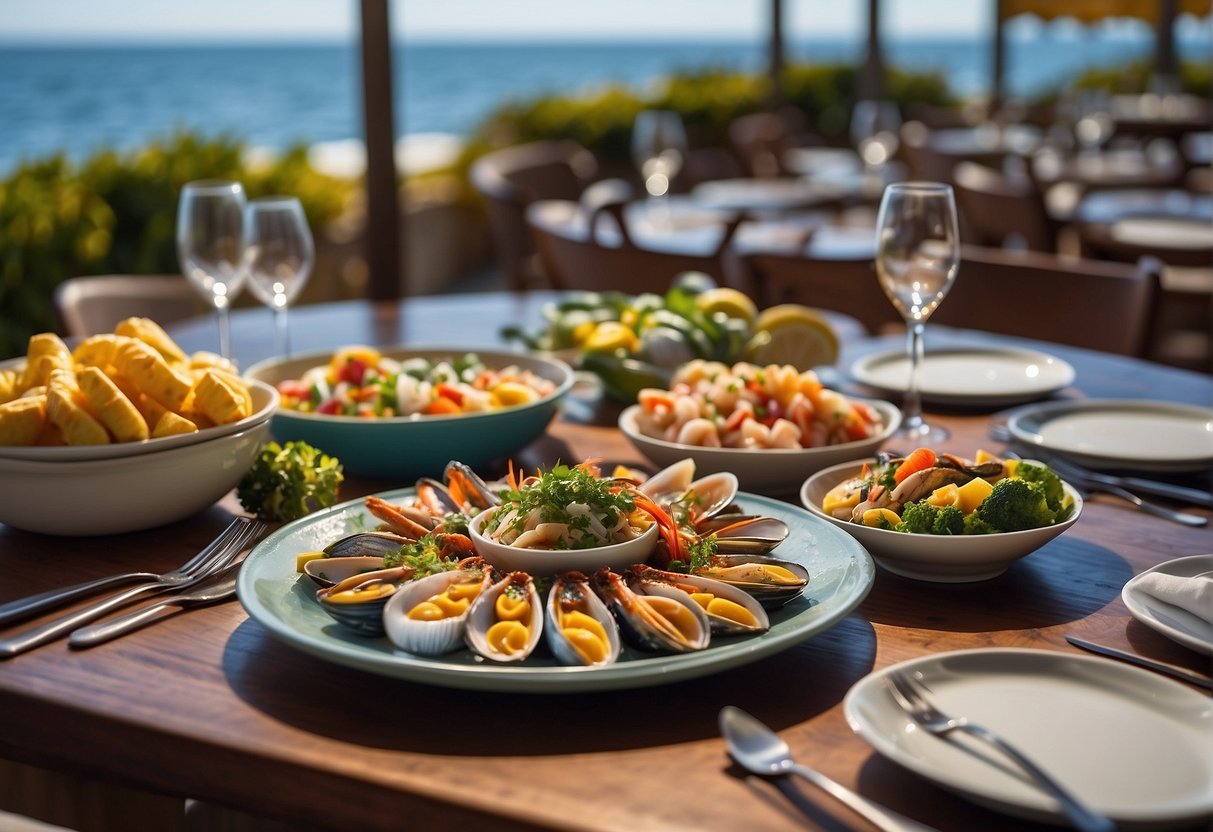 A table set with a colorful array of fresh seafood, local produce, and elegant dinnerware, surrounded by a backdrop of ocean views and beachfront ambiance