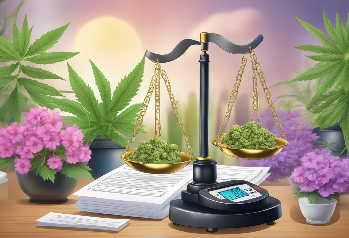 A scale weighing CBD flowers with legal documents and safety symbols in the background