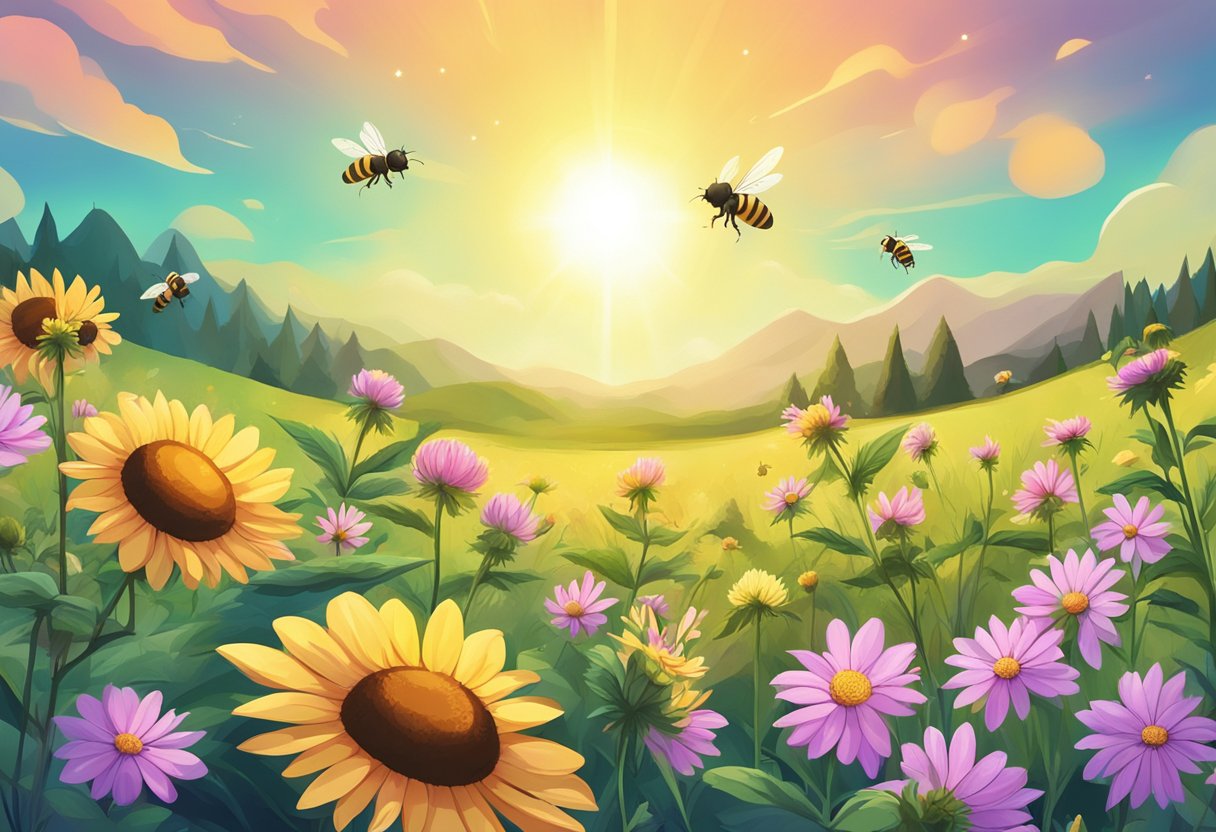 A field of vibrant CBD flowers, with bees buzzing around and the sun shining down, showcasing the natural beauty and benefits of CBD flowers