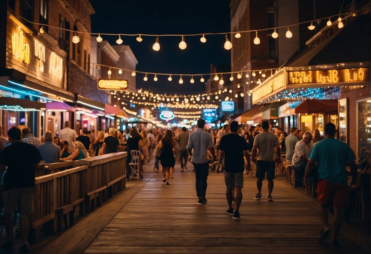 A bustling boardwalk with colorful neon signs, outdoor patios filled with lively chatter, live music spilling out from bars, and people strolling along the beach under a starry sky