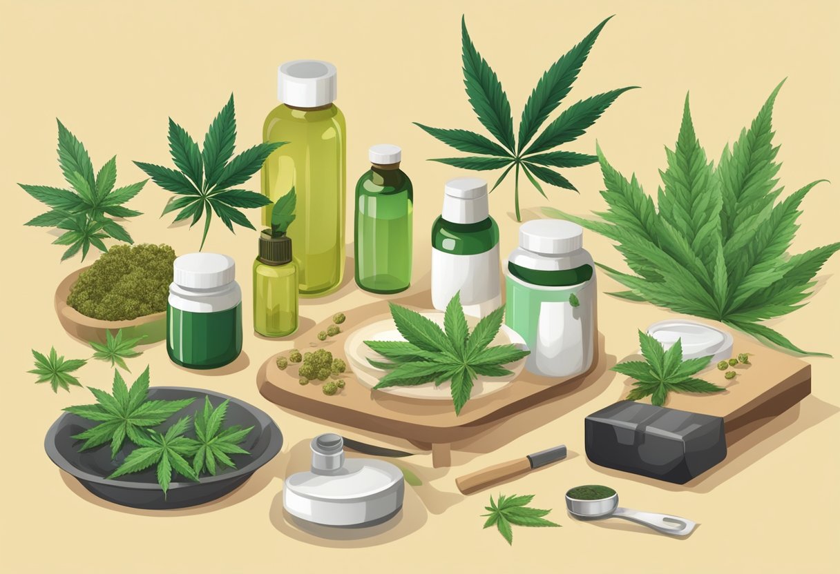 A table with various CBD flower products and accessories for consumption