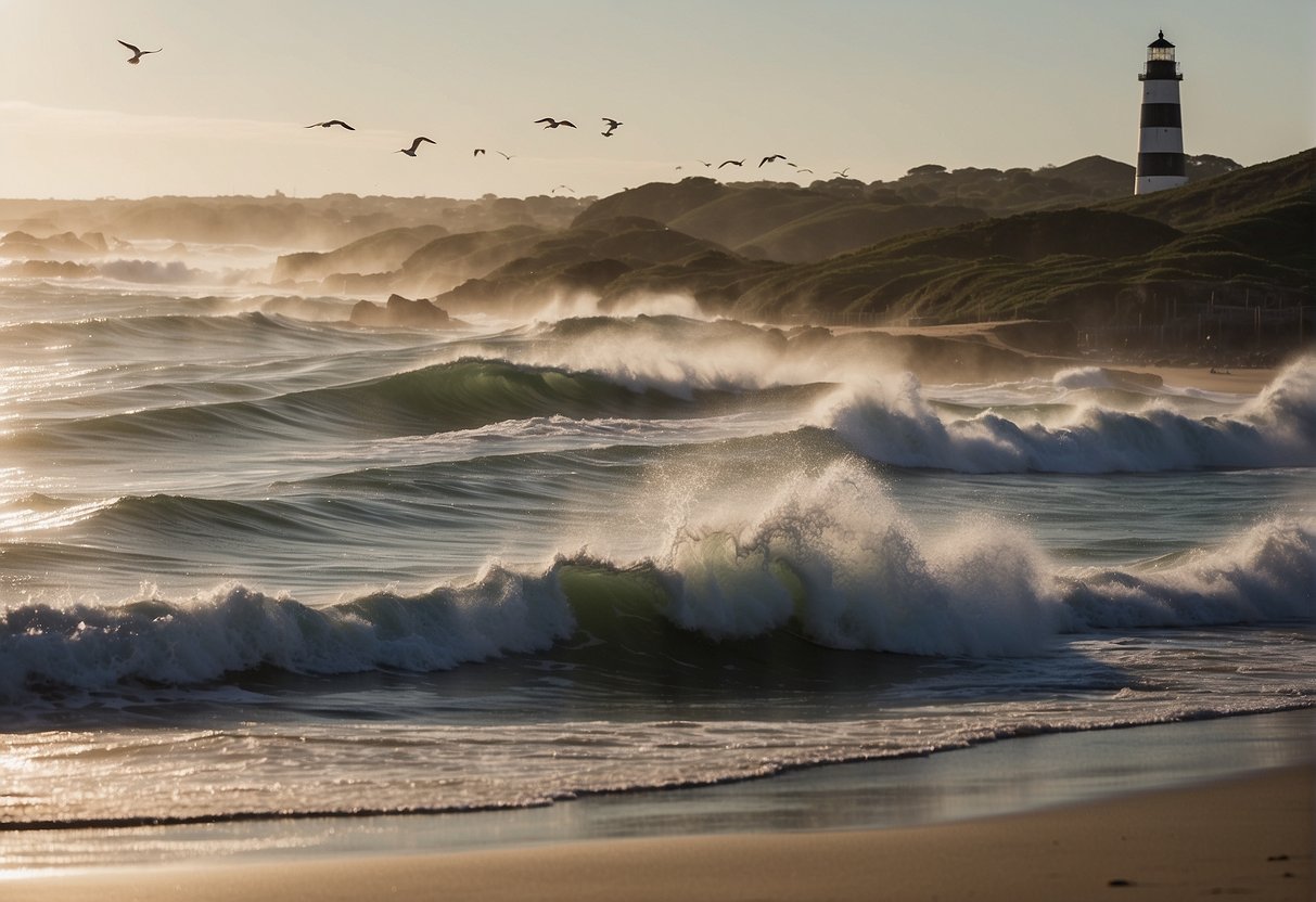 A sunny beach with waves crashing, seagulls flying, and a lighthouse in the distance. A map of the Outer Banks and a list of top 10 activities are nearby