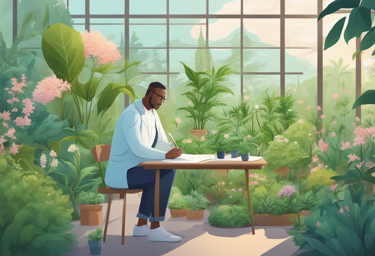 A serene garden with blooming CBD plants and a scientist studying their potential health benefits