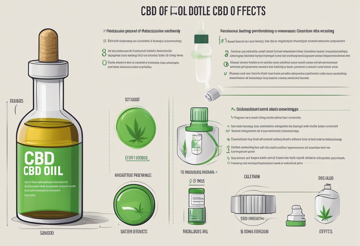 A bottle of CBD oil with a safety cap, dosage markings, and a list of potential side effects