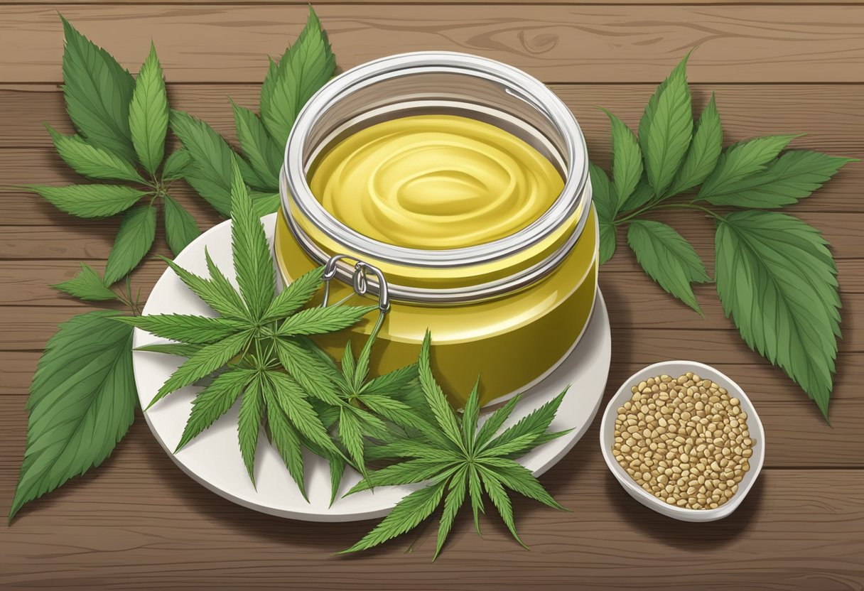 A jar of hemp butter sits on a wooden table, surrounded by hemp seeds and leaves