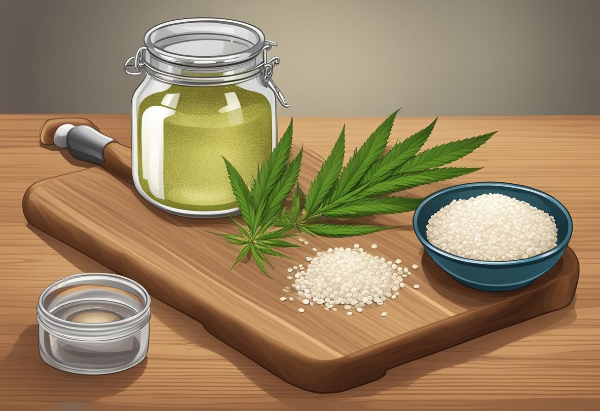 A wooden cutting board with hemp seeds, a jar of coconut oil, and a mortar and pestle for making hemp butter