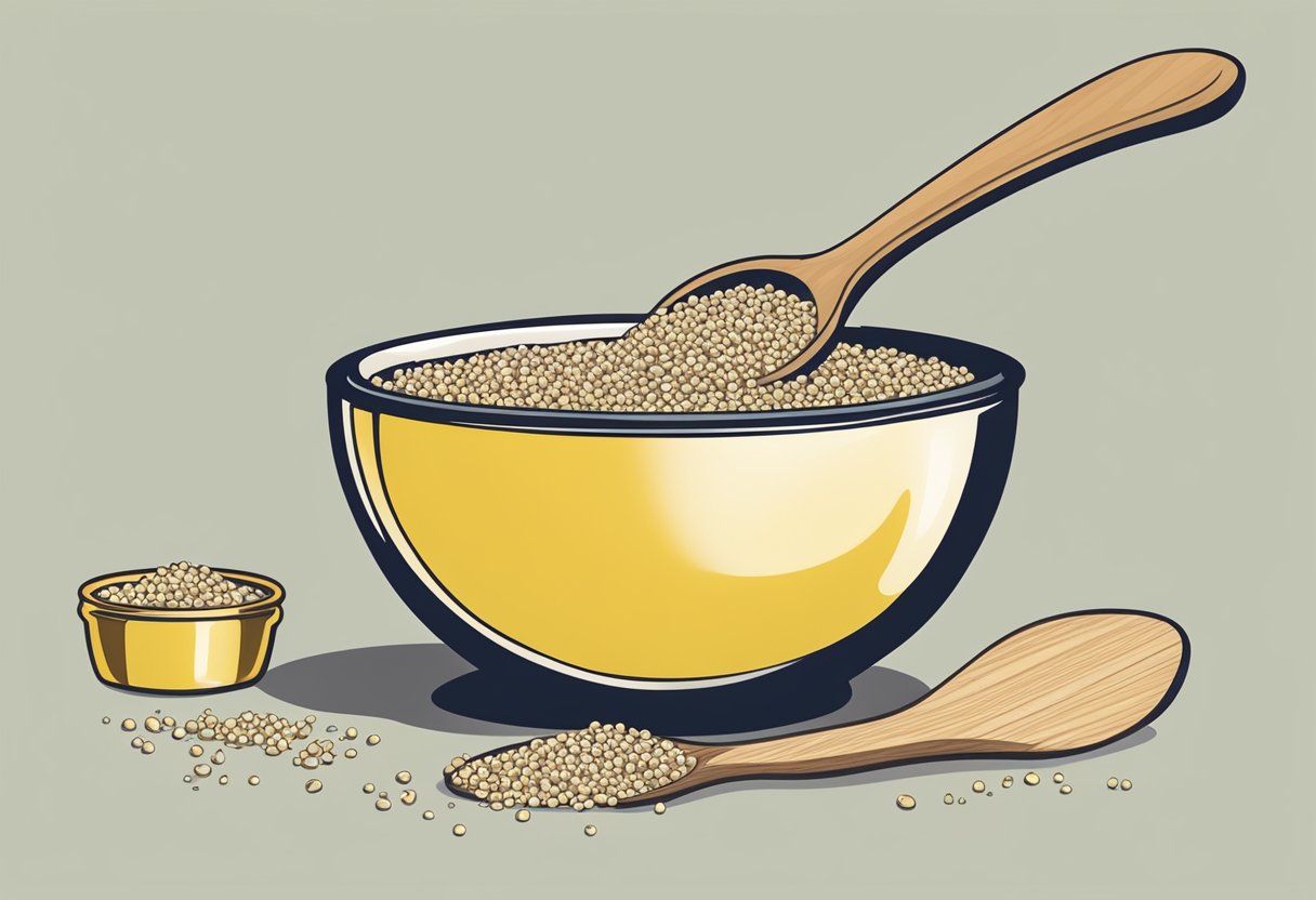 A mixing bowl filled with hemp seeds, a saucepan melting butter, and a wooden spoon stirring the mixture over low heat