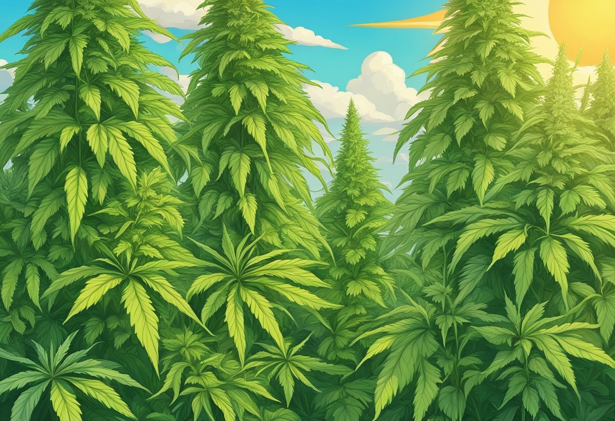 Lush green indica plants tower over vibrant sativa plants in a sun-drenched cannabis garden