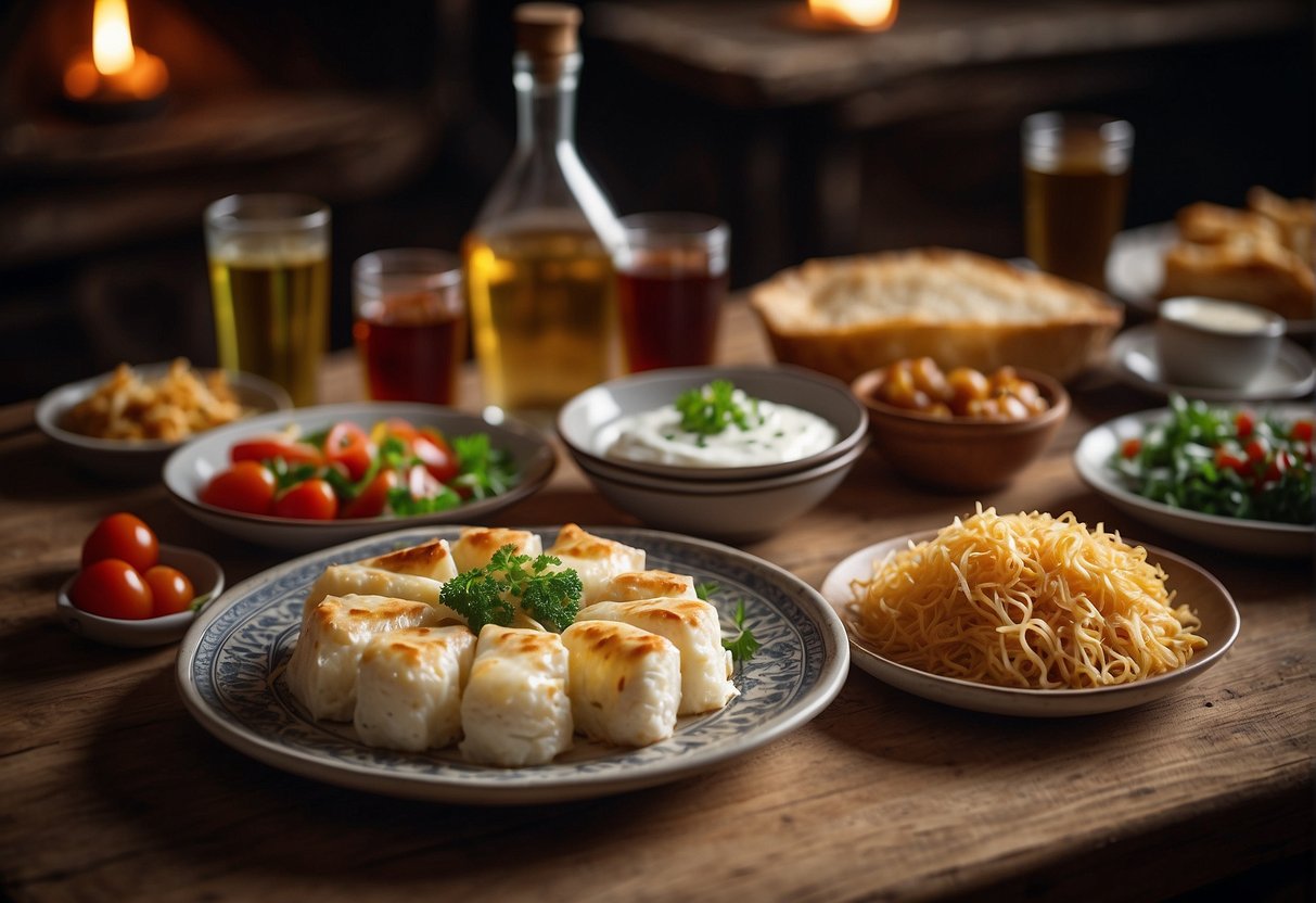 A table set with traditional Bulgarian dishes, including banitsa, shopska salad, and kebapche. A bottle of rakia and a glass of ayran accompany the meal