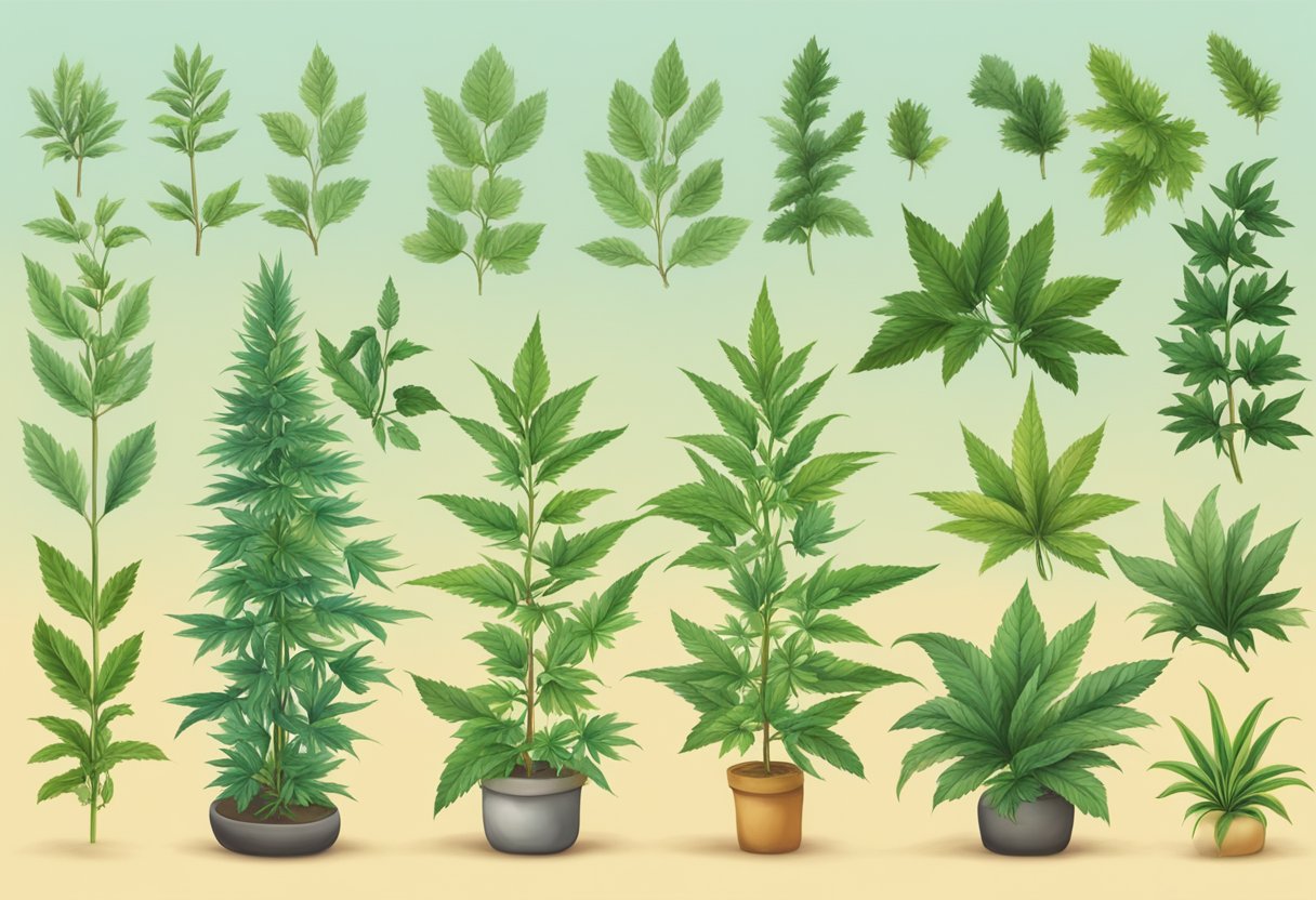 A side-by-side comparison of Indica and Sativa plants, showcasing their distinct leaf shapes, sizes, and overall growth patterns