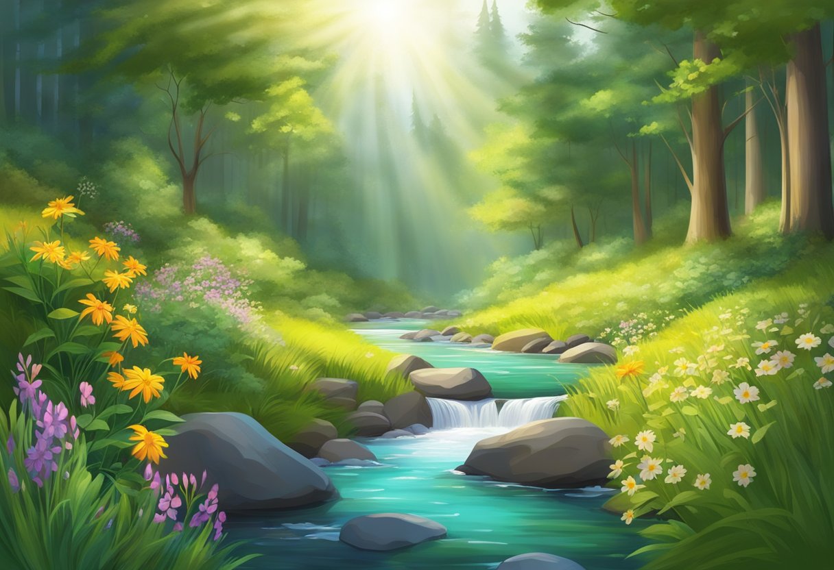 Lush green forest with sunlight streaming through the trees, colorful wildflowers blooming, and a gentle stream flowing through the peaceful landscape