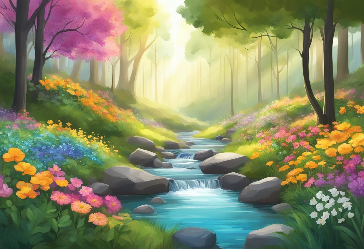 A serene forest with sunlight filtering through the trees, surrounded by colorful flowers and a tranquil stream