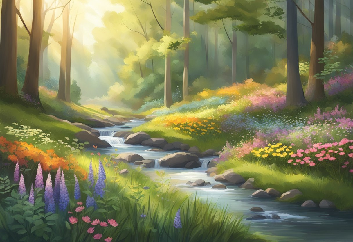 A serene forest with sunlight filtering through the trees, highlighting colorful wildflowers and a peaceful stream flowing through the landscape