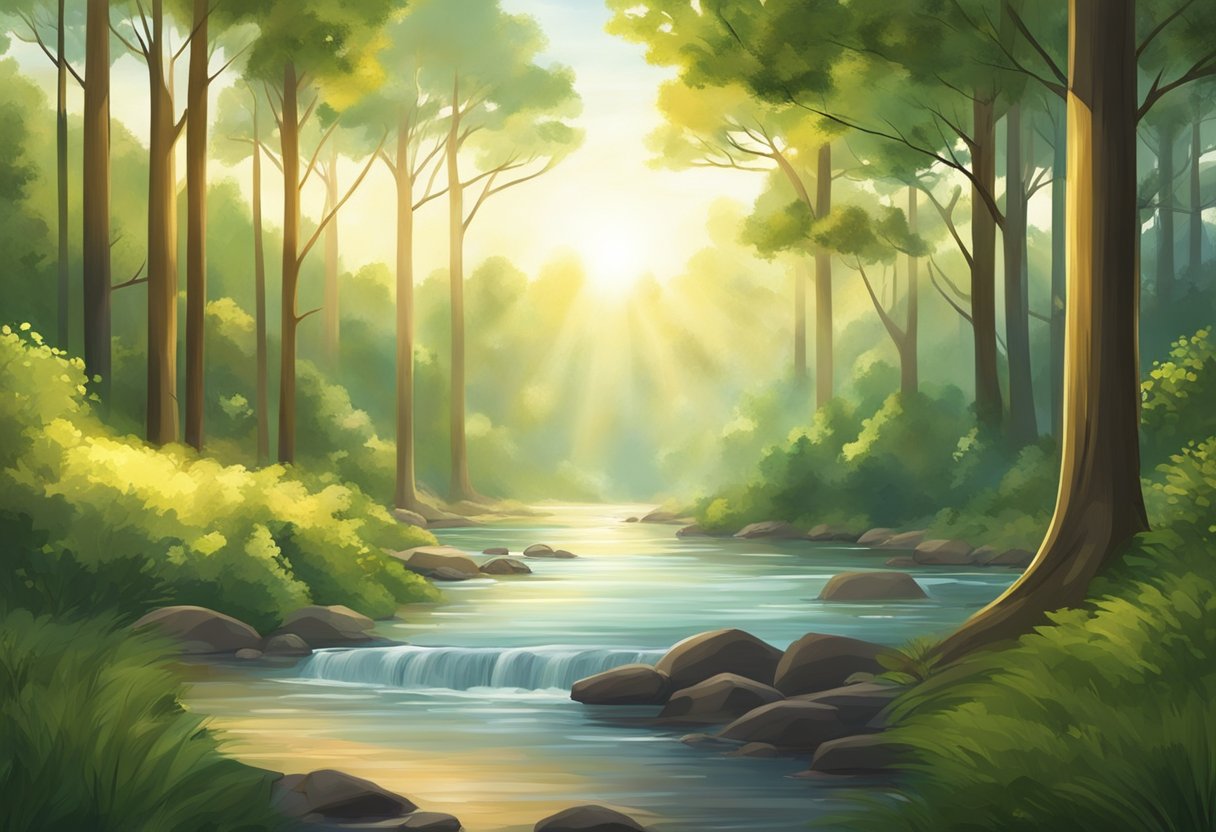 A serene forest with sunlight filtering through the trees, birds chirping, and a peaceful river flowing, evoking a sense of calm and tranquility