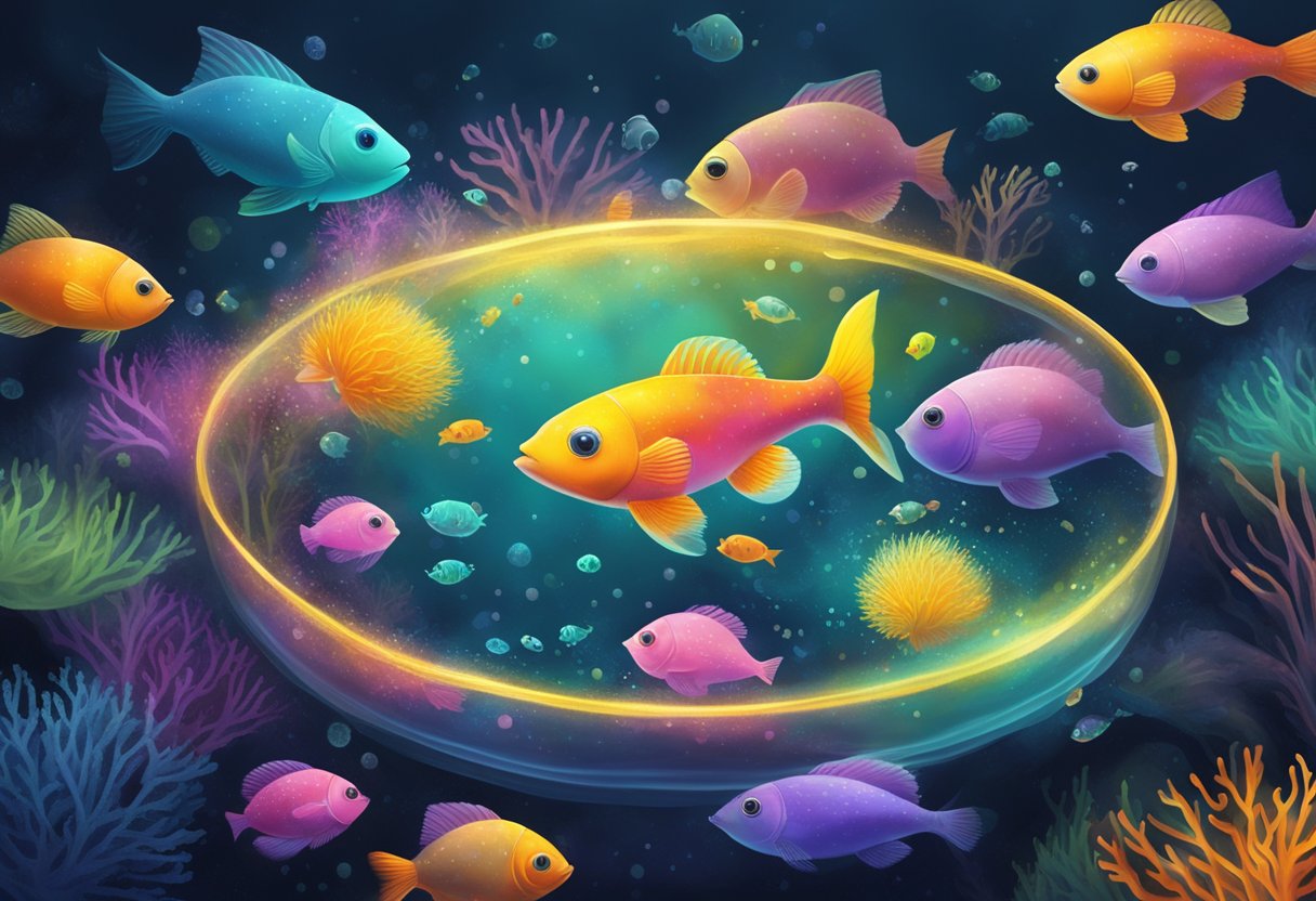 A colorful ccell floats in a dark, watery environment, surrounded by glowing plankton and small fish