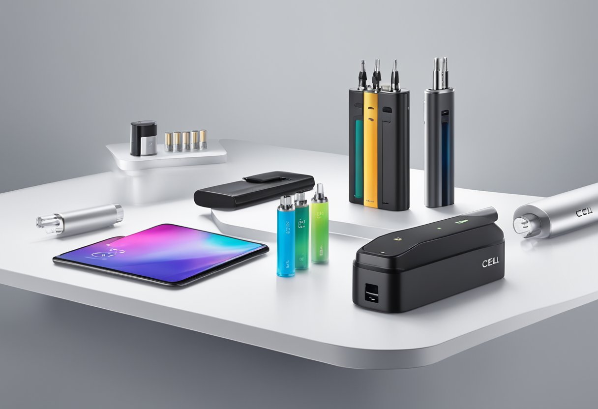A table with various CCELL products displayed, including cartridges, batteries, and accessories. Bright lighting highlights the sleek design and branding
