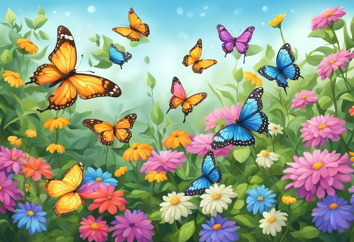 A colorful butterfly garden with blooming flowers and fluttering butterflies