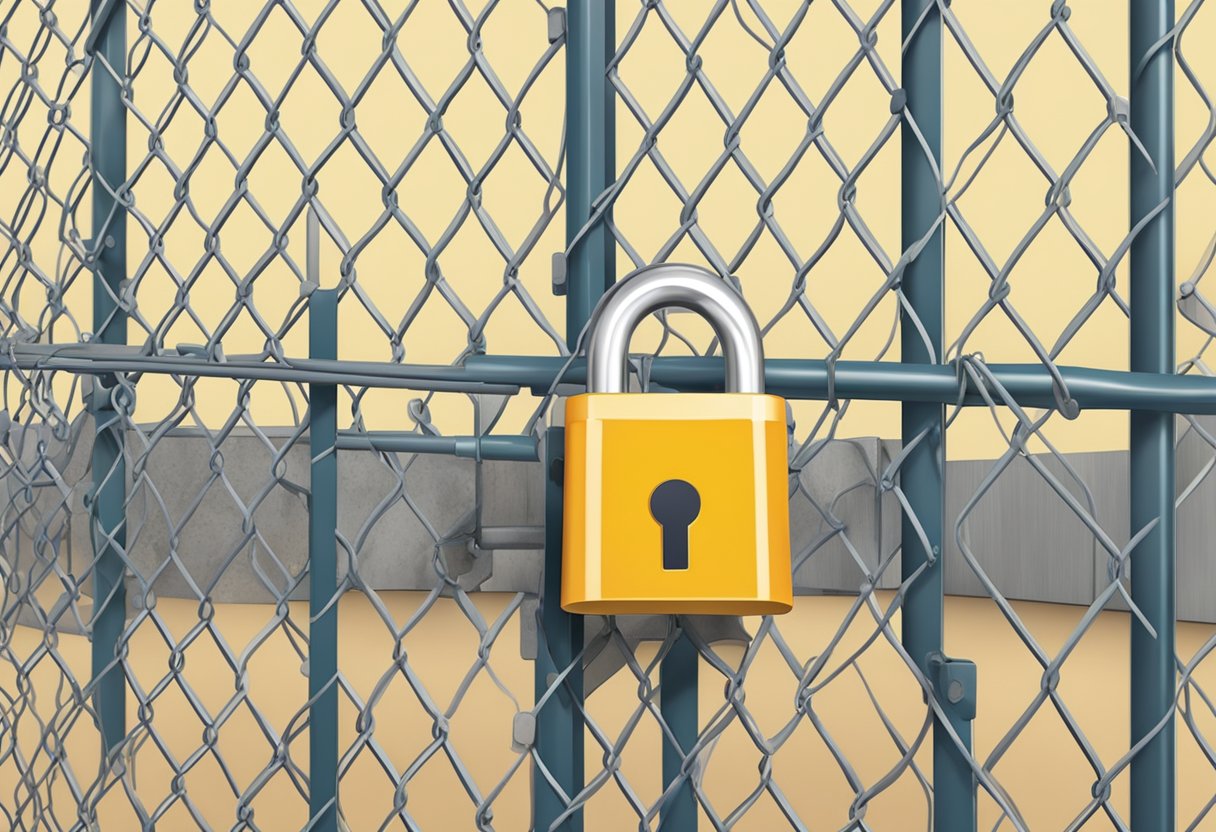 A secure lock and a "legal status" sign on a gate, surrounded by a sturdy fence