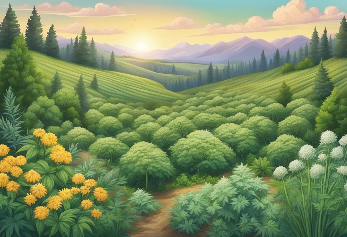 A serene landscape with a field of blooming CBG plants surrounded by other types of cannabinoids