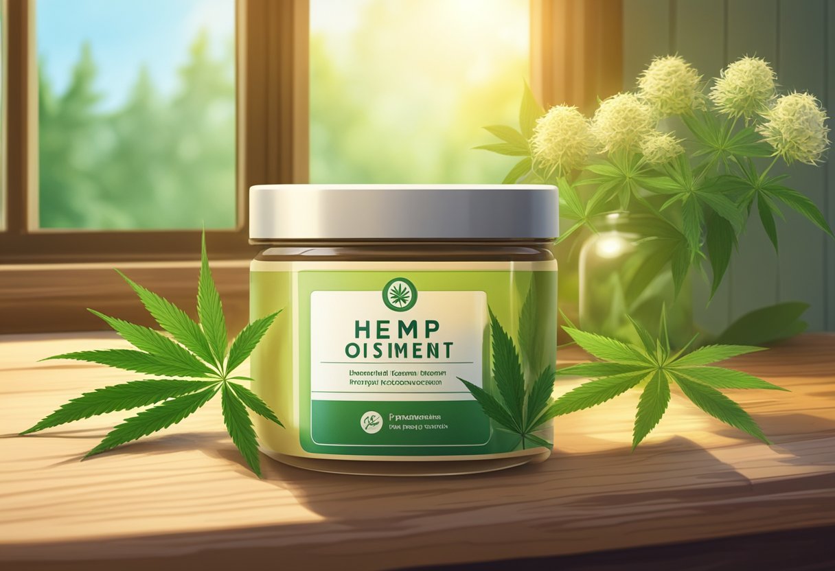 A jar of hemp ointment sits on a wooden table, surrounded by green hemp leaves and flowers. Sunlight streams through a nearby window, casting a warm glow on the scene